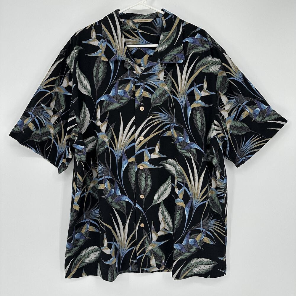 Paradise Collection Shirt Mens XL Black Silk Hawaiian Tropical Floral Button Up